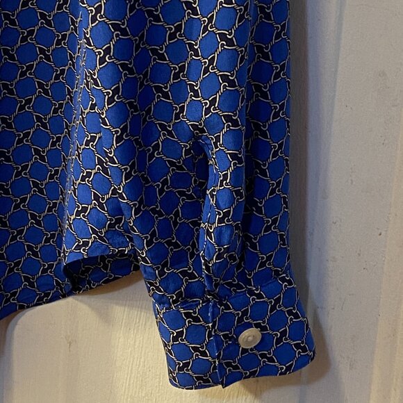 Ann Taylor Silk Sz S Blouse Popover Blue/Black/White Roll Up Long Sleeve Chains - Picture 5 of 10